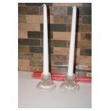 Two Glass Candlestick Holders with Candles