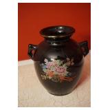 Two Handled Black Vase with Flower Motif