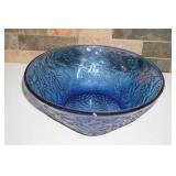Blue Carnival Glass Bowl Two Flowers Pattern