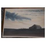 Water Color of Farm House and Clouds