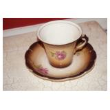 VTG Cup and Saucer Set Brown with Pink Flowers