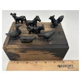 Vintage Cast Iron Farm Animals in Vintage Wood Box