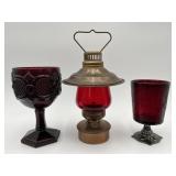 Vtg Nautical Oil Lamp, 6" Ruby Red Goblet, +