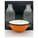 7" Fire King Orange Gumdrop Bowl, Milk Bottles 1qt