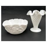 Fenton Hobnail Vase & Westmoreland Bowl Milk Glass