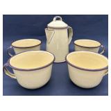 Vtg Yellow Brown Enamelware Coffee Pot & 4 Cups