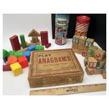 Vintage "Play Anagrams," Wooden Blocks, TinkerToys