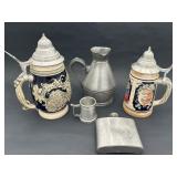 German Beer Steins, Pewter Haystack Pitcher, Flask