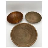 3 Antique Large Wooden Bowls 10"-12"