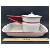 Enamelware Baking Dish, Lidded Saucepan, and Pot