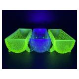 3 Vtg Northwood Uranium Glass Footed Hobnail Logs