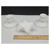 6" w Fenton Glass Ruffled Bowl & 2 Candle Holders