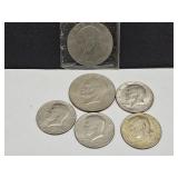 2 Ike Dollars & 4 Kennedy Halves Coins