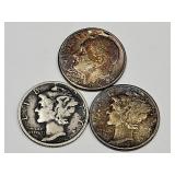 2 Silver Mercury Dimes & 1 Roosevelt Silver Coins