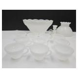 Milk Glass Punch Bowl, Cups & Hobnail  Lamp Shade