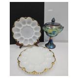 Carnival Glass Compote &  Milk Glass Egg Dishes