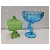 Blue Glass Compote 7.5" & Green Glass Candy Dish
