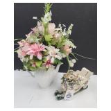 Signed Blue Pottery & Pitcher w/Flowers