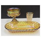 IN. Carnival Glass & Dish Compote & Peach Luster
