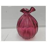 VTG Cranberry Pilgrim Glass 10" Sack Vase Ruffled