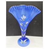 Beautiful Fenton Blue Glass Fan Vase 13" Signed