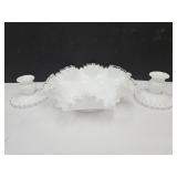 11" w Fenton Ruffled Bowl & Candleholders