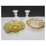 Milk Glass Candleholders & Amber Glass