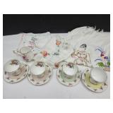 English  Tea Cups, Creamer, Saucers, Doilies