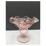 VTG Fenton Pink Cabbage Rose Heart Pedestal Dish