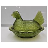 Green Glass  Hen on a Nest 7"