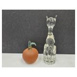 7" H Glass Cat & 3" Frosted  Apple Paperweight