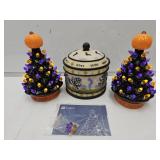 2 Halloween Light Up Trees & Halloween Dish w Lid