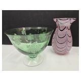 Art Glass Vase & Footed Bowl 5.5"-7" H