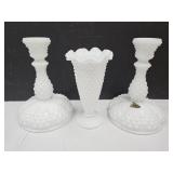 2 Large Hobnail Fenton Candleholders & Vase
