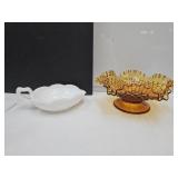 Amber Hobnail 8" W Dish & Milk Glass Dish