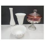 Ruby Compote & Milk Glass Vases