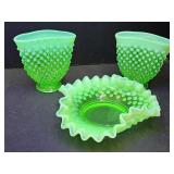 Uranium  Fenton Hobnail 5" w Bowl & 3.5" Vases Uranium  Fenton Hobnail 5" w Bowl & 3.5" Vases