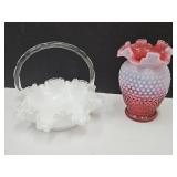 Fenton Basket, Cranberry Hobnail Vase w Chip Fenton Basket, Cranberry Hobnail Vase w Chip