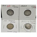 4  Dime Coins 2-Barber & 2 Mercury Silver Coins 4  Dime Coins 2-Barber & 2 Mercury Silver Coins