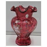 Fenton Cranberry Handpainted & Signed 7.5"h Vase