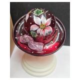 Fenton Glass Hat  Hand Signed & Painted w Stand