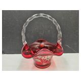 Fenton Ruby Glass Bsket Hand Pinted  See Signed