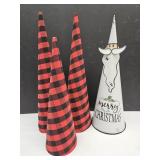 Metal  Santa & 3 Buffalo Plaid Trees16 " to 20" h