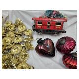 Kugel Mercury Glass Heart , Tin Train, Clips +