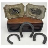 (2) Vintage Brass Belt Buckles & (3) Horse Shoes