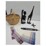 Wood Tribal Carved Art Statues, Hankies & Basket
