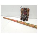 10" Wood Carved & Painted Mask &  Bat 30" h