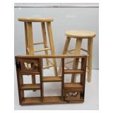 2 Wood Bar Stools 29" 24"H & Wall Shelf