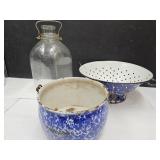 Blue Porcelain Enamel Colander, Pan & 1 Gal Milk