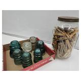 Glass Insulators & Gal Jar of Clothes Pins